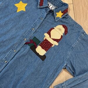 Vintage ME Sport Embroidered Christmas Denim Button Down Size XL| holiday Santa